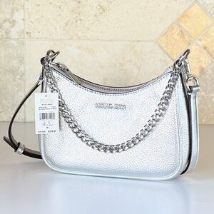 Michael Kors Jet Set Travel Mini Metallic Silver Shoulder Chain Crossbody Bag